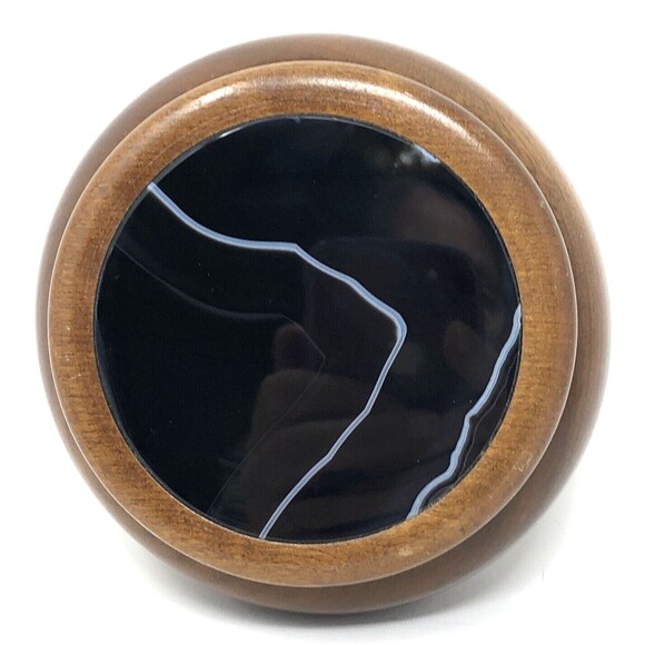 Hand Crafted Wood Trinket Box with Agate Stone Inlay Lid Artisan Made in Brazil - Picture 1 of 10